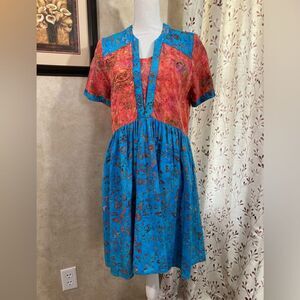 Go Fish Dress Women’s M Red Blue Floral Babydoll Fit Flare Knee Length